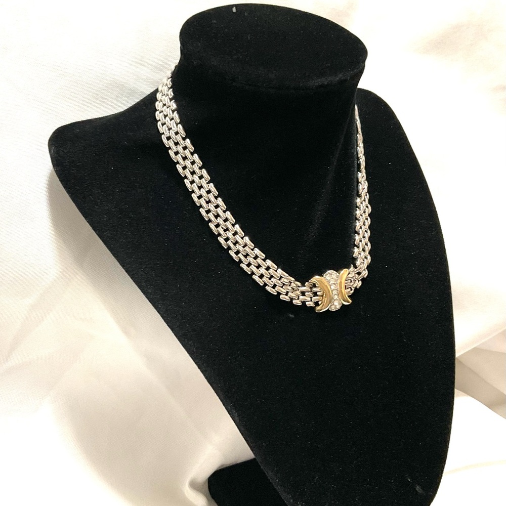Silver-Tone Choker Necklace with Gold-Tone Rhinestone Center